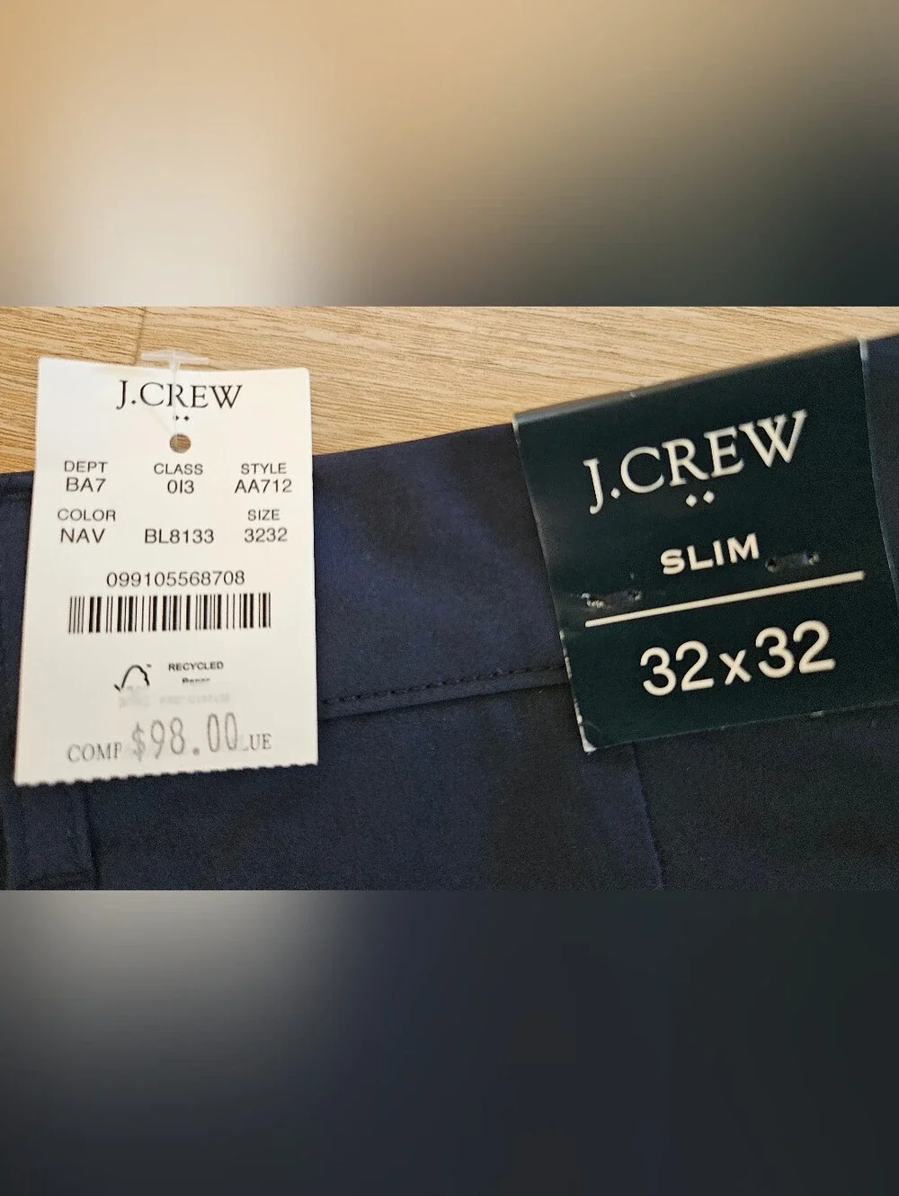 J. Crew Men's Flex Slim-Fit Tech Pant Chino Navy Blue Sz 32x32 - NWT $98